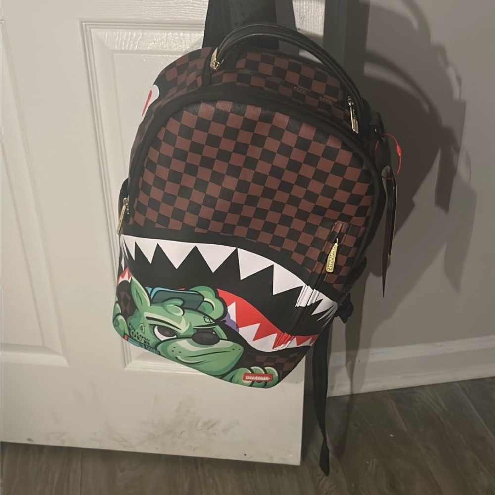 Sprayground Brown Checkered Backpack with Green Graphic